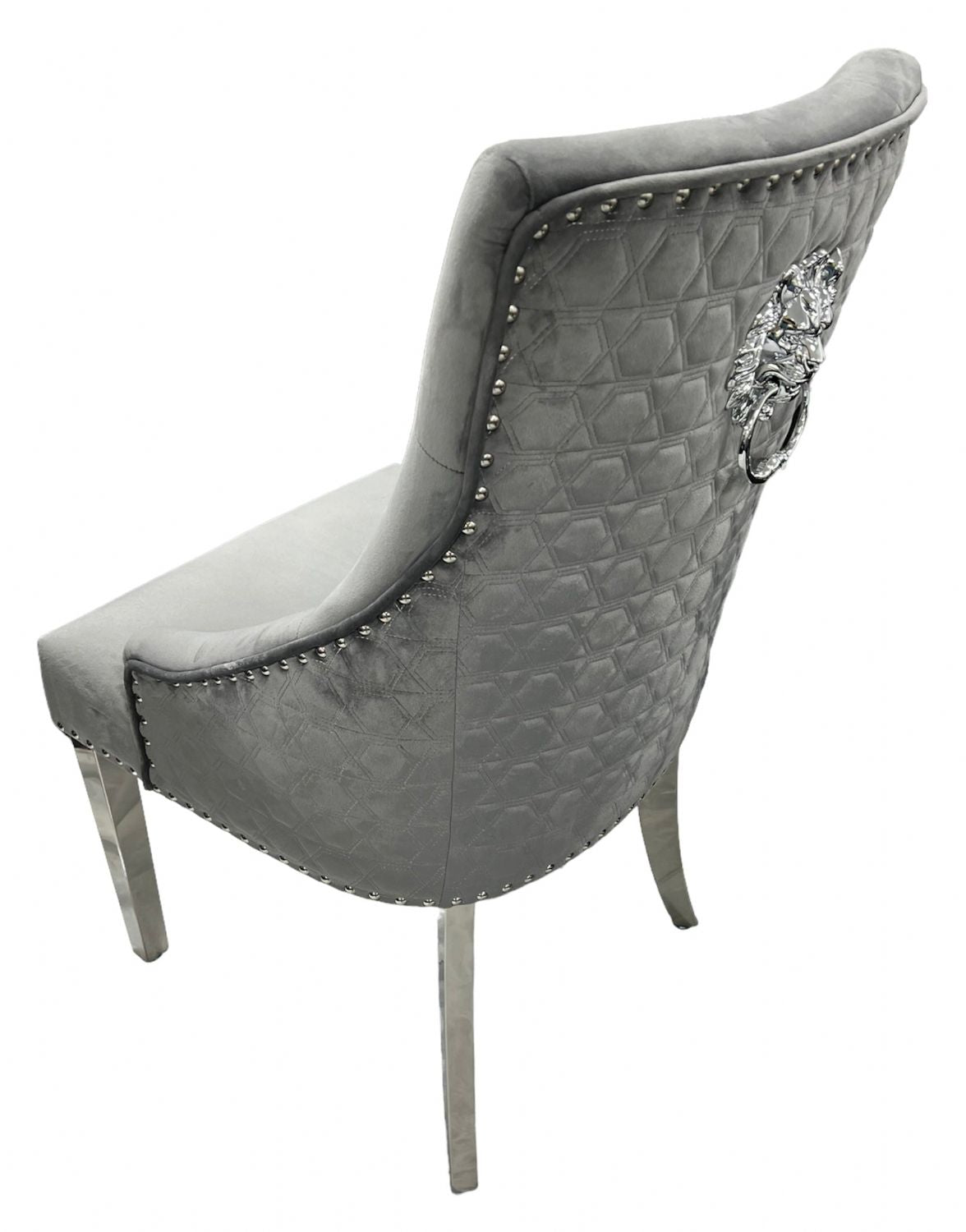 Modern Dark Grey Velvet Dining Chair with Lion Knocker and Chrome Legs