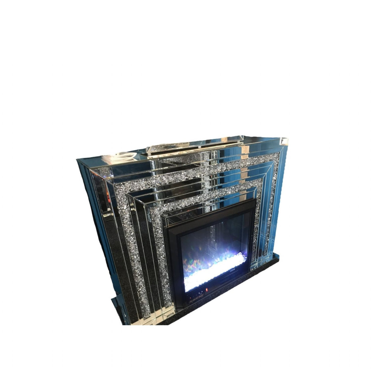 Silver Mirrored Fireplace Surround with Crystal and Colour Changing Electric Fire