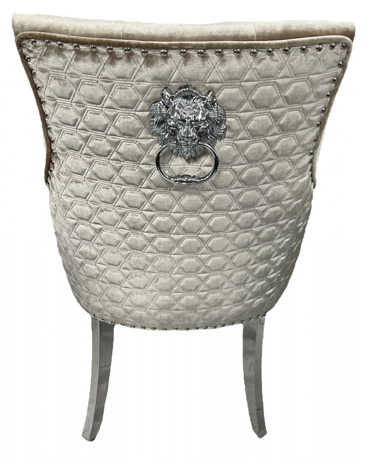 Modern Mink Velvet Dining Chair with Lion Knocker and Chrome Legs