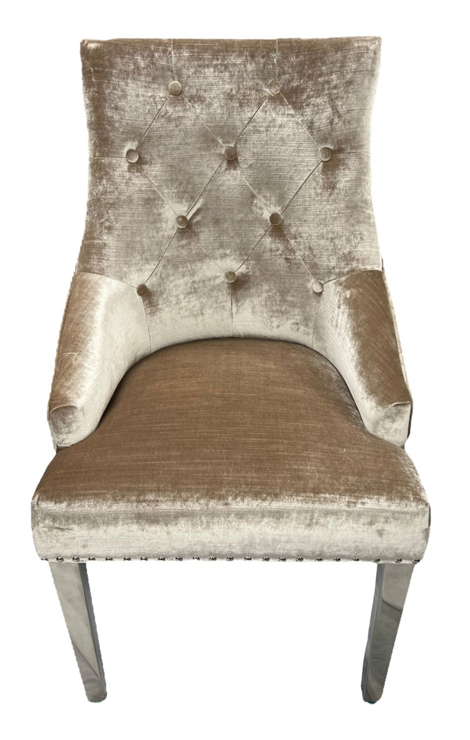 Modern Mink Velvet Dining Chair with Lion Knocker and Chrome Legs