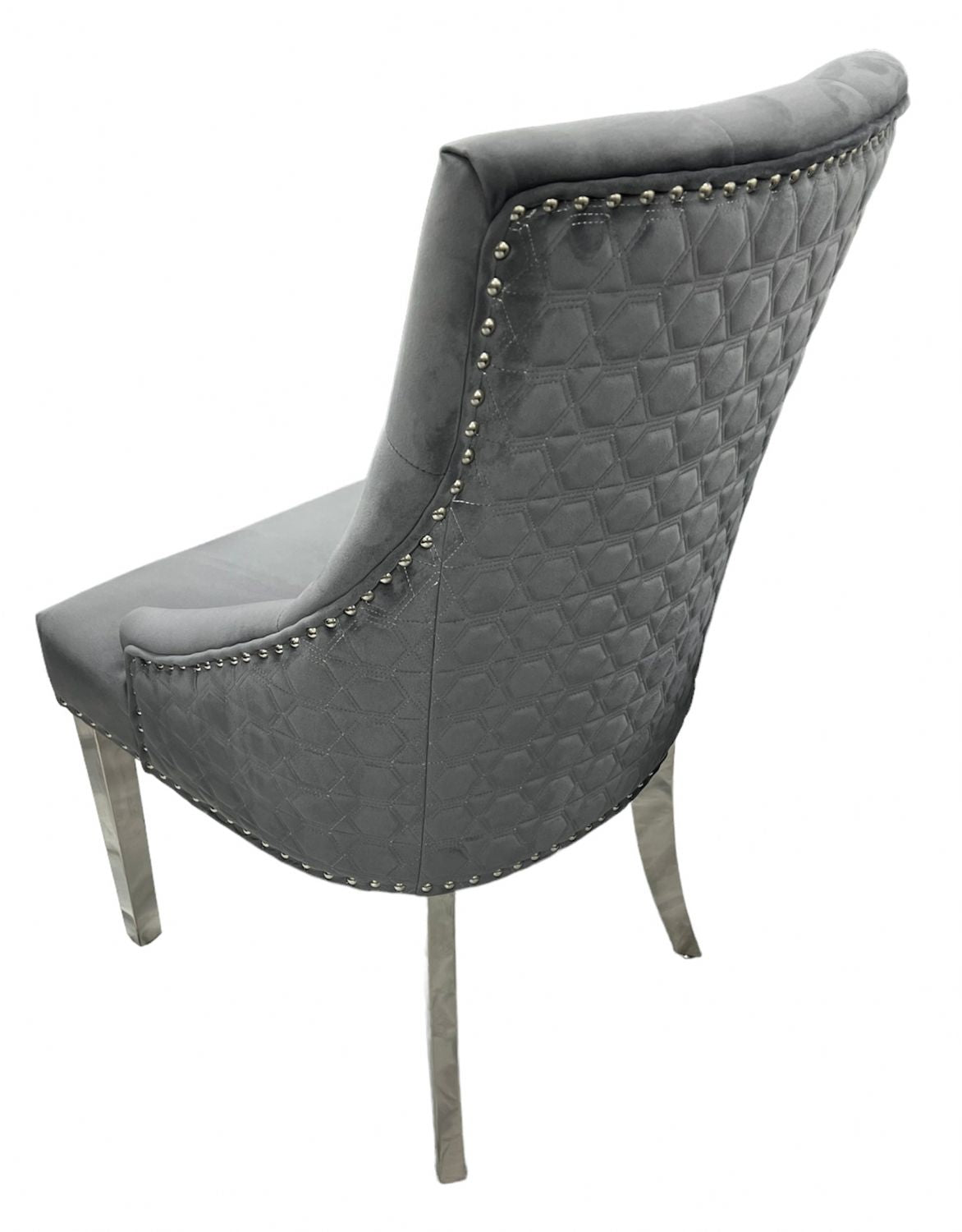 Modern Dark Grey Velvet Dining Chair with Chrome Legs and Hexagonal Back