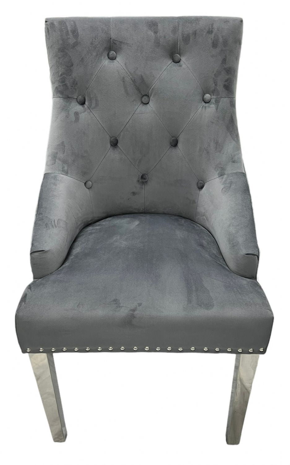 Modern Dark Grey Velvet Dining Chair with Chrome Legs and Hexagonal Back