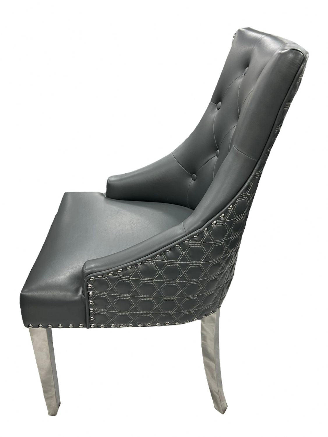 Modern Dark Grey PU Dining Chair with Lion Knocker and Chrome Legs