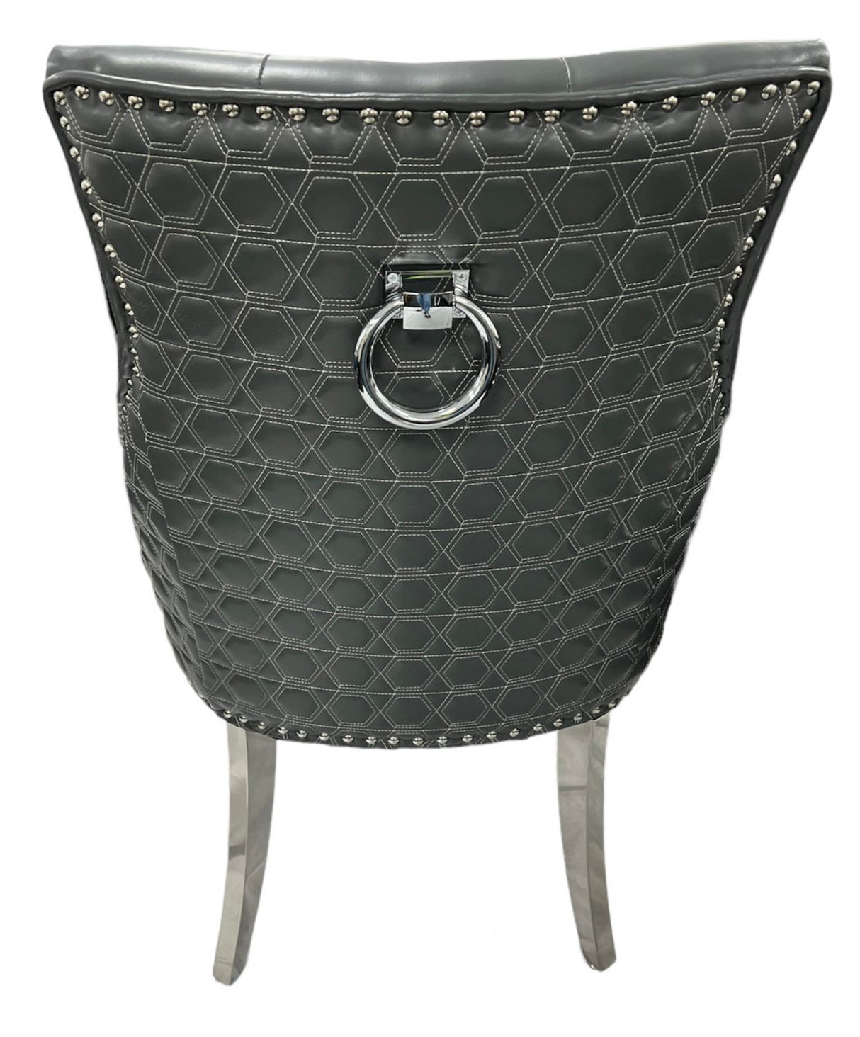 Modern Dark Grey PU Dining Chair with Ring Knocker and Chrome Legs