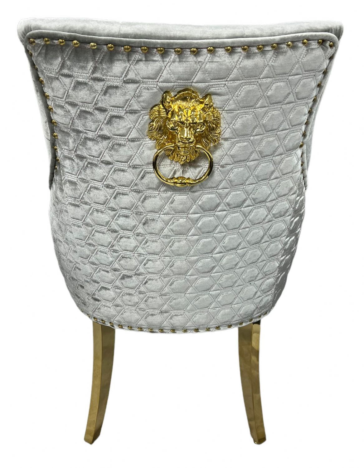 Luxury Silver Grey Shimmer Velvet Dining Chair with Lion Knocker and Gold Legs