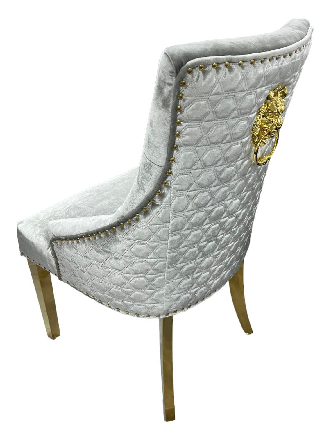 Luxury Silver Grey Shimmer Velvet Dining Chair with Lion Knocker and Gold Legs