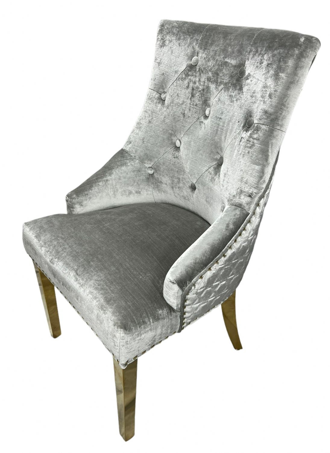 Luxury Silver Grey Shimmer Velvet Dining Chair with Lion Knocker and Gold Legs