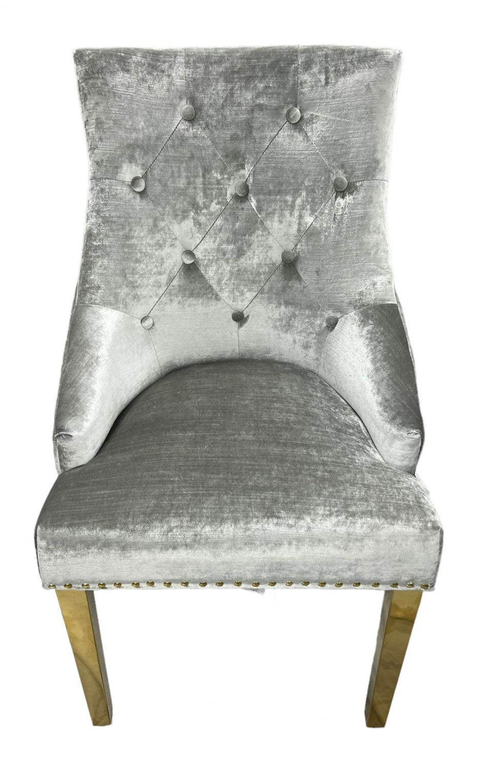 Luxury Silver Grey Shimmer Velvet Dining Chair with Lion Knocker and Gold Legs