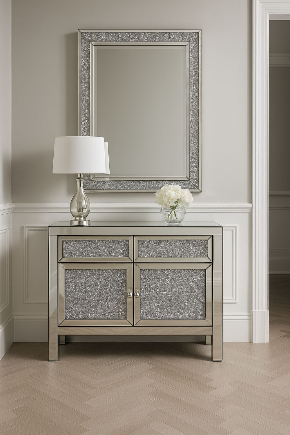 Silver Mirrored Crystal Effect 2 Door 2 Drawer Small Sideboard