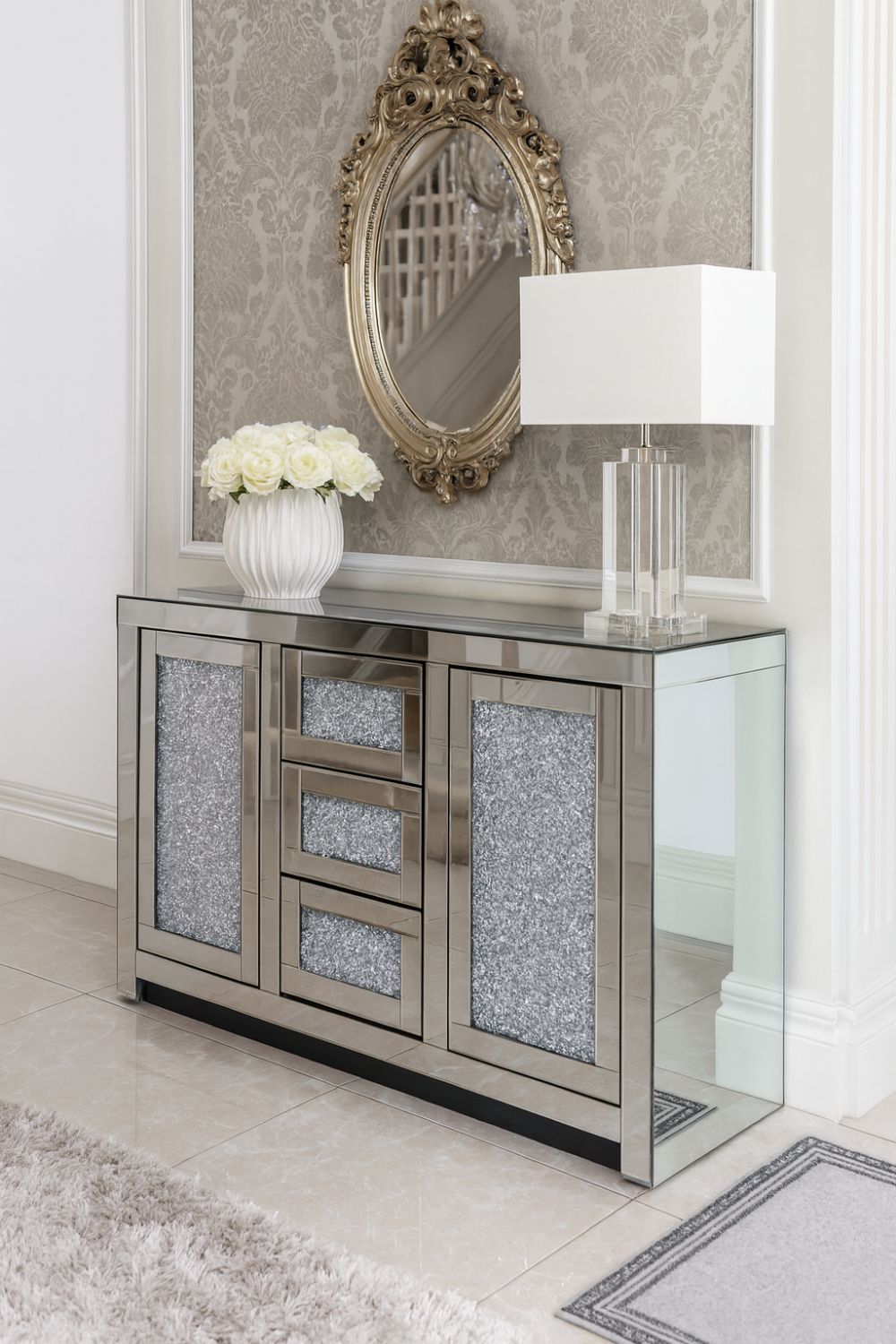 Silver Mirrored Crystal Effect 2 Door 3 Drawer Large Sideboard