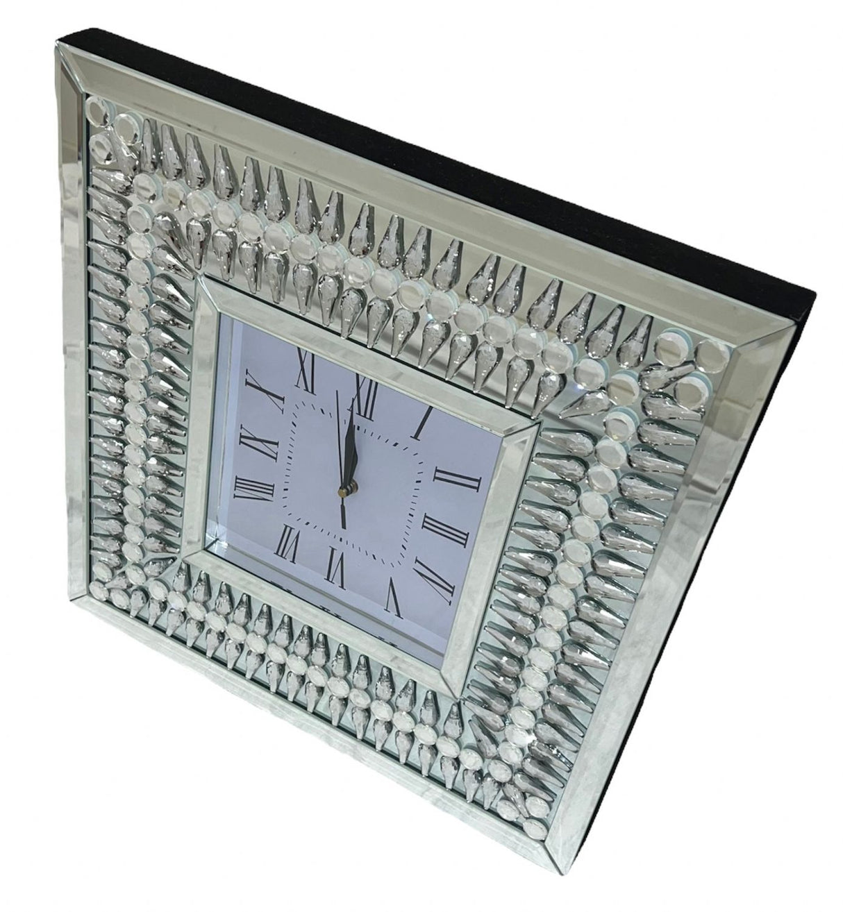 Luxury Square Mirrored Decorative Wall Clock with Teardrop Crystal Border