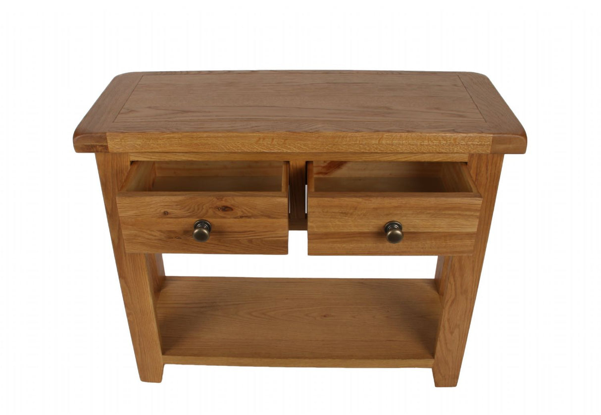 Natural Oak 2 Drawer Console Table with Open Storage Shelf