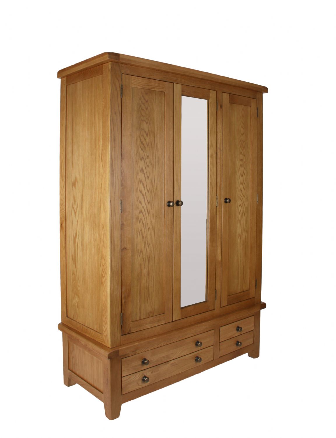Natural Oak Large 3 Door Wardrobe with Mirror Door and 4 Storage Drawers