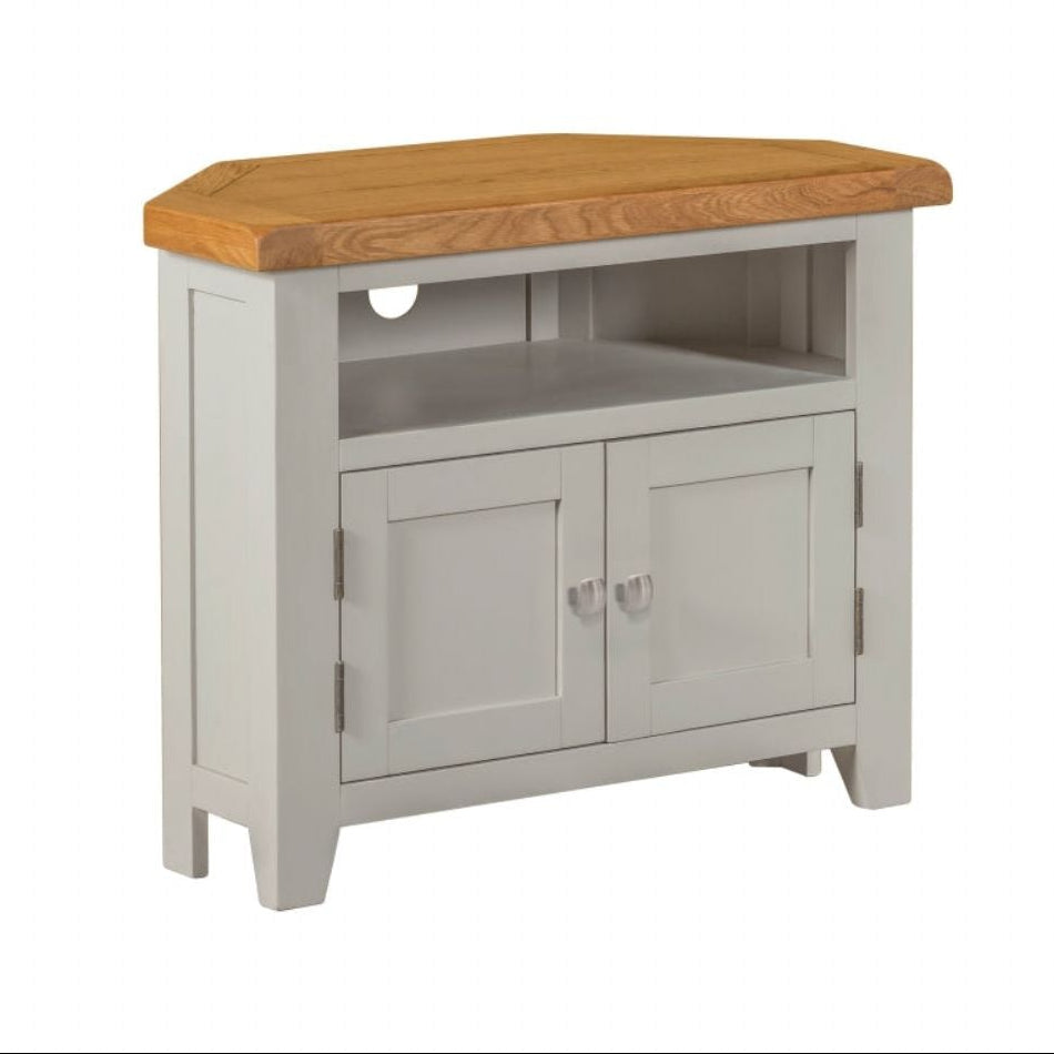 Modern Grey Painted Oak Corner TV Unit with Cupboard and Open Shelf