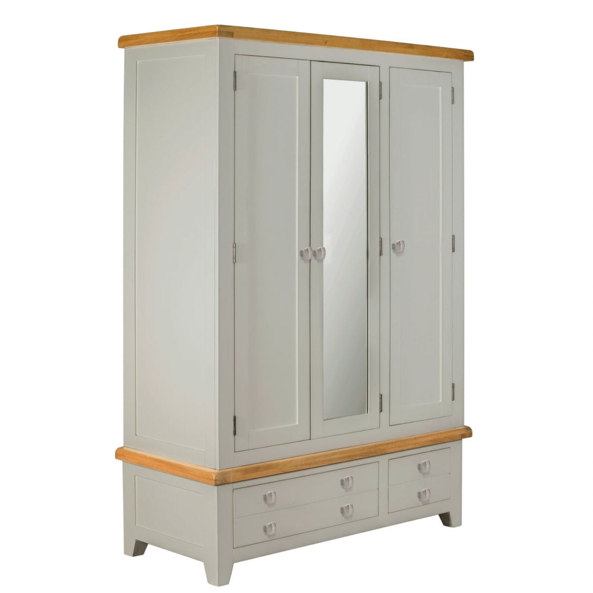Modern Grey Painted Oak Top Large 3 Door Wardrobe with Mirror and 4 Drawers