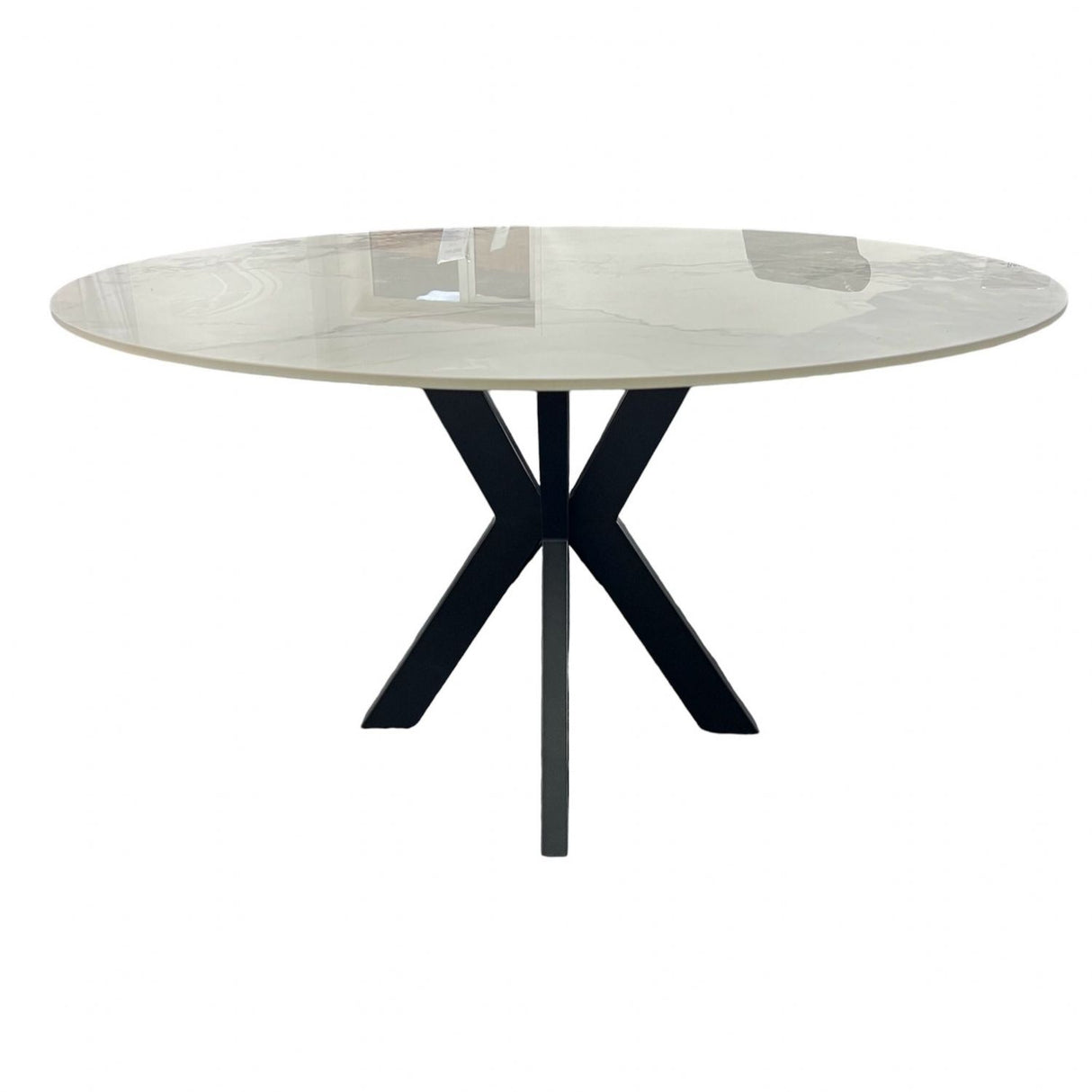 Luxury White Marble Effect Ceramic 1.3m Round Dining Table with Black Cross Pedestal Base