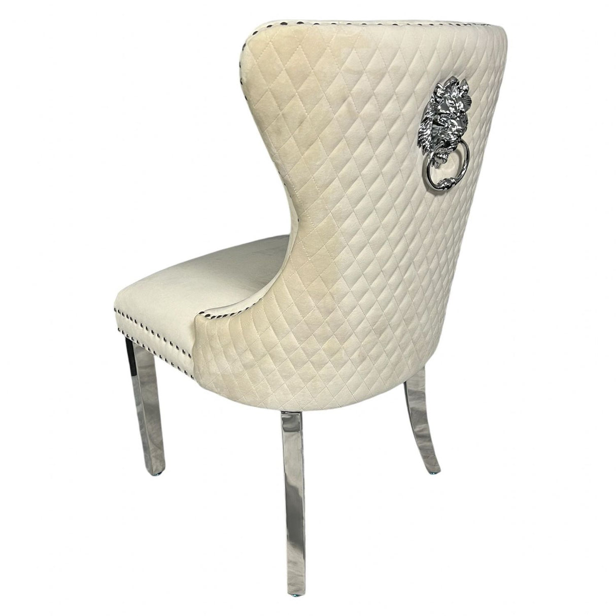 Luxury Ivory Velvet Dining Chair with Lion Knocker and Chrome Legs