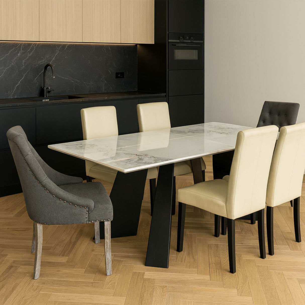 Luxury White Marble Effect Ceramic Extending Dining Table with Black Pedestal Legs