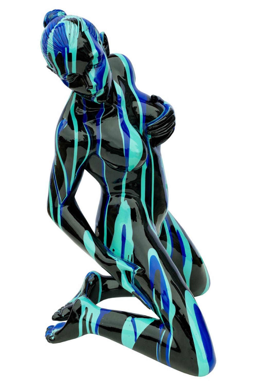 Amorous Black and Blue Kneeling Yoga Lady Sculpture