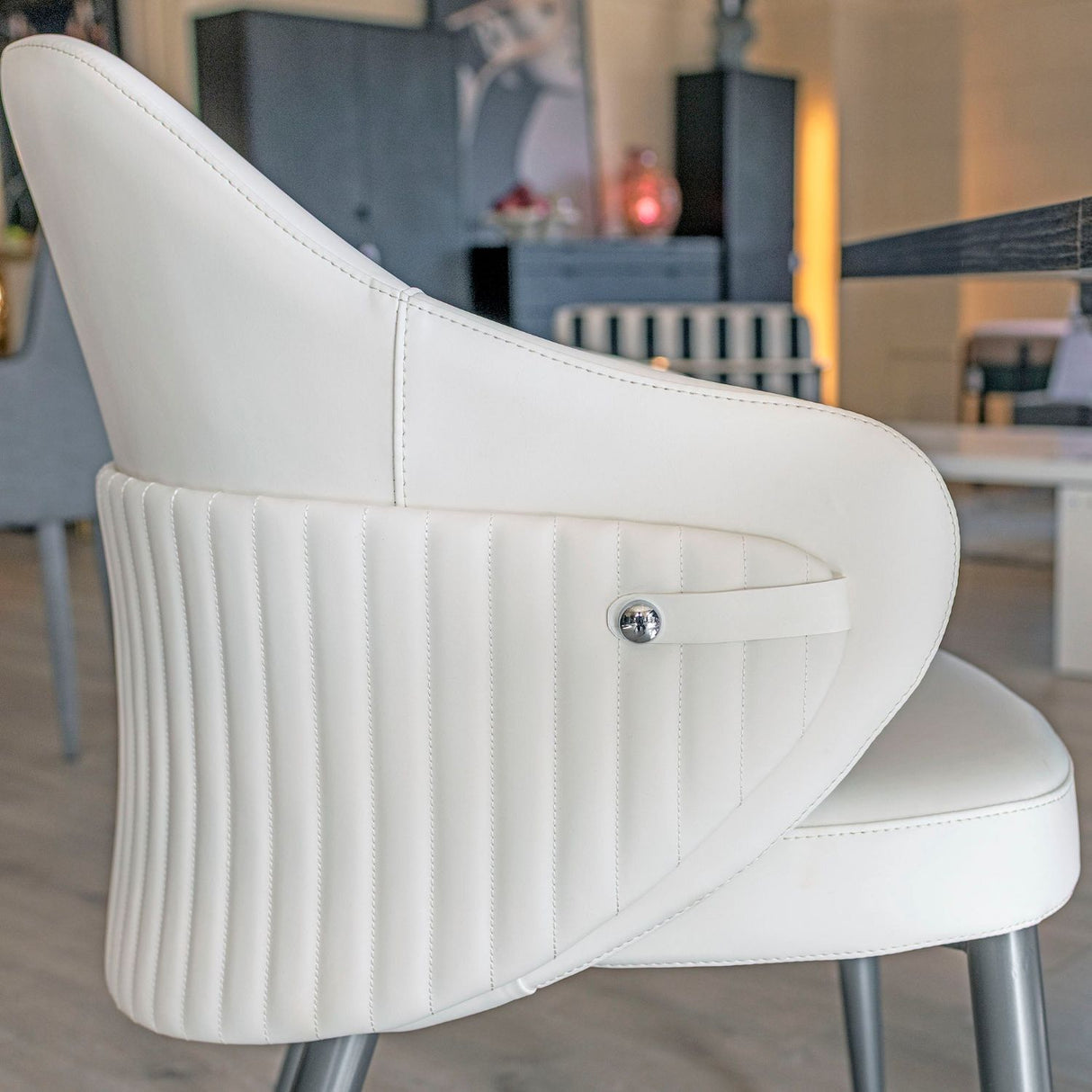 Ivory Leather Effect Ribbed Dining Chair Metal Legs