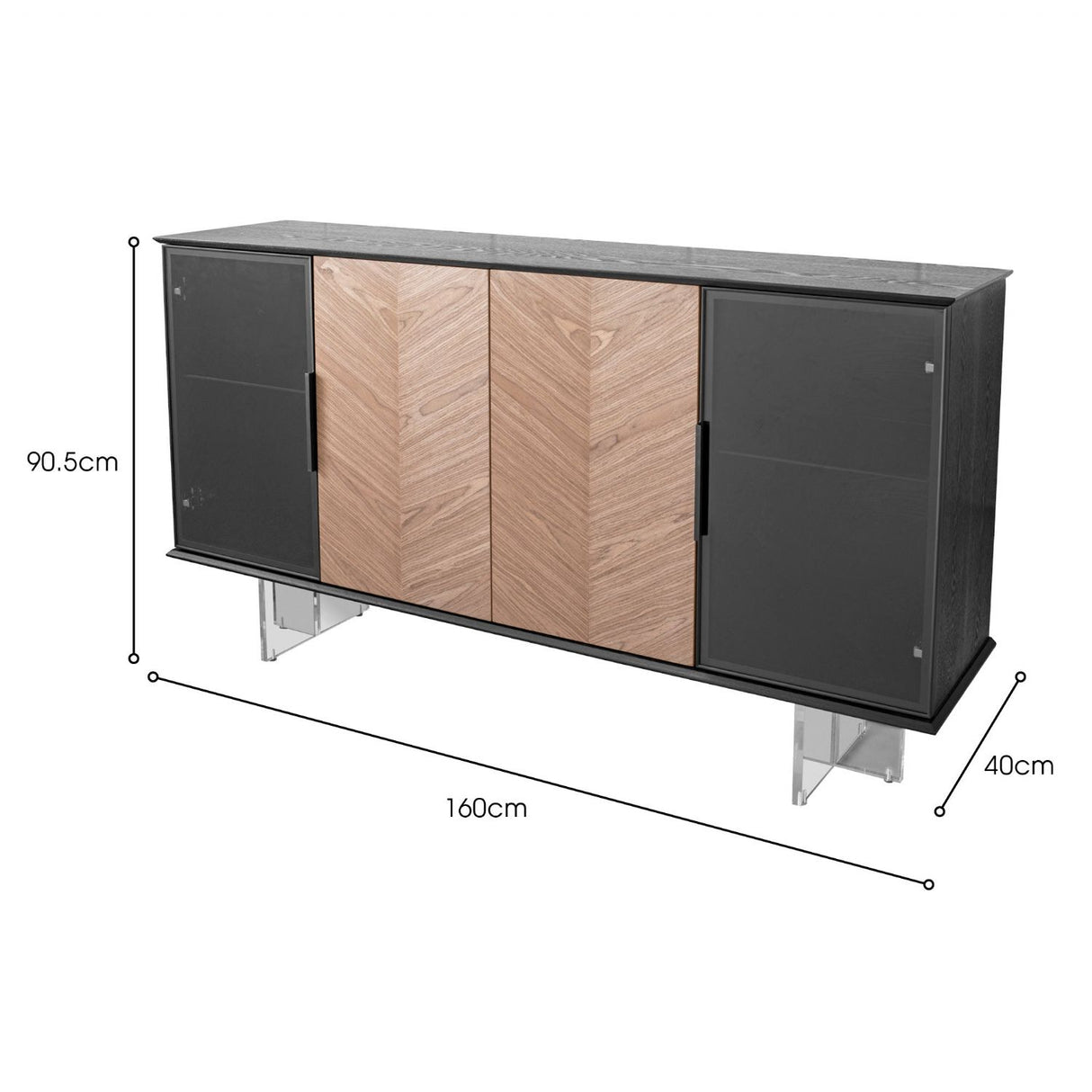 Black Wood 4 Door Chevron Large Sideboard Acrylic Feet
