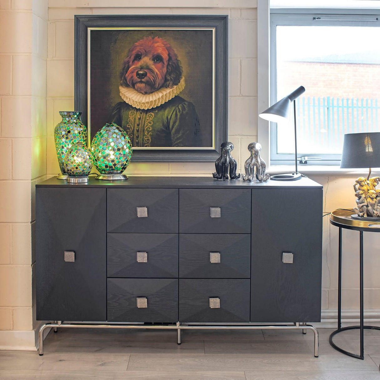 Black Oak 2 Door 6 Drawer Wide Sideboard Chrome Base