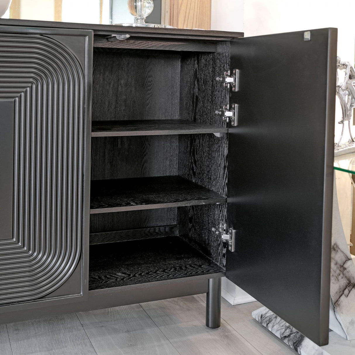 Black Wood Contour Panel Design 4 Door Wide Sideboard