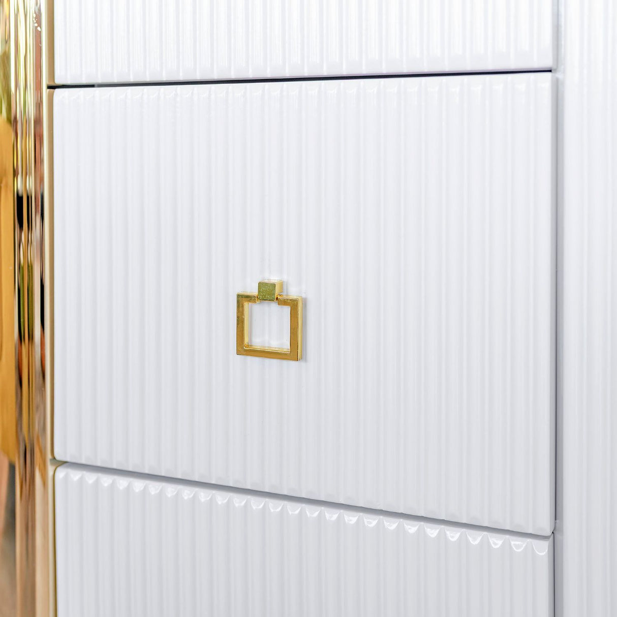 Creamy White Fluted 2 Door 3 Drawer Wide Sideboard Gold Trim