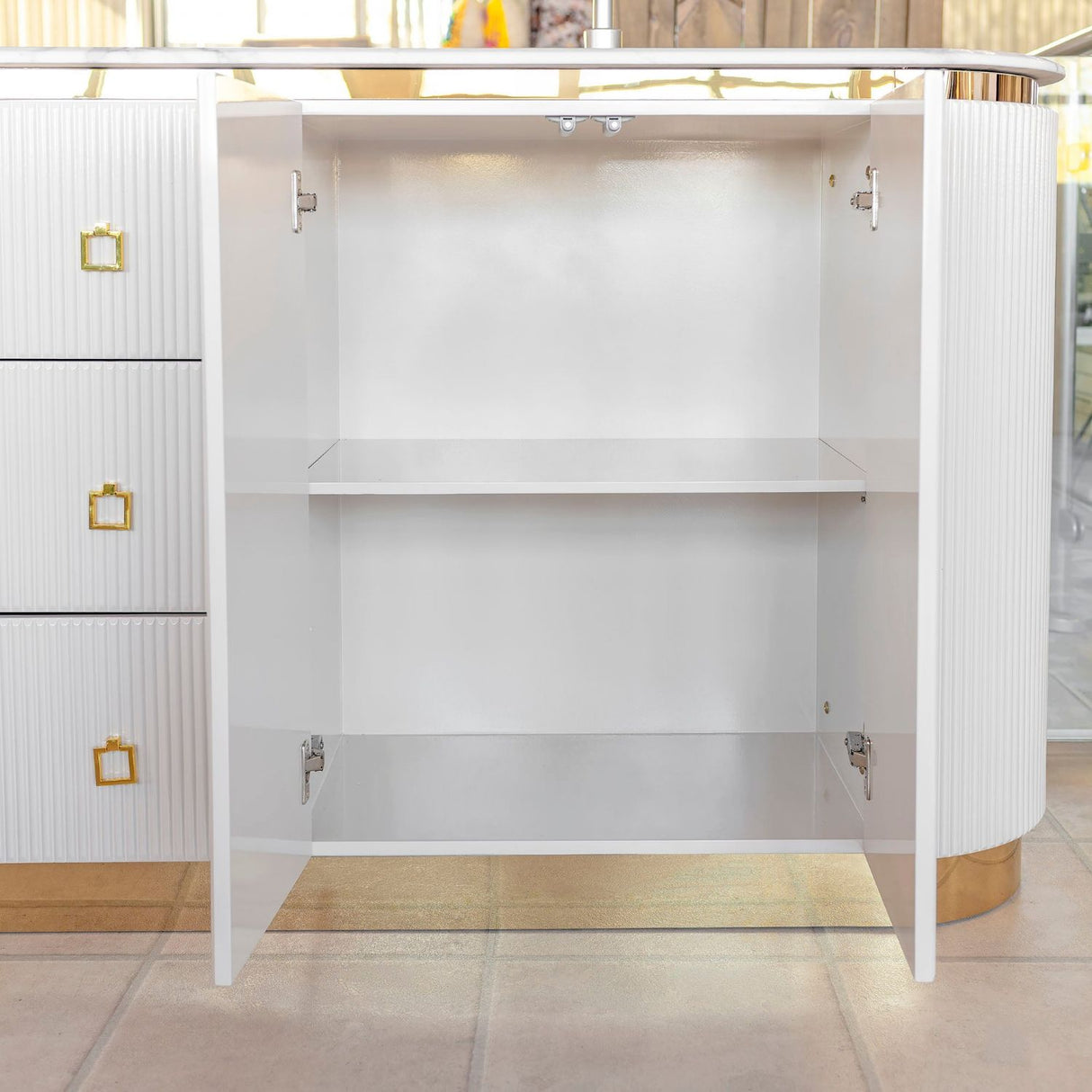 Creamy White Fluted 2 Door 3 Drawer Wide Sideboard Gold Trim