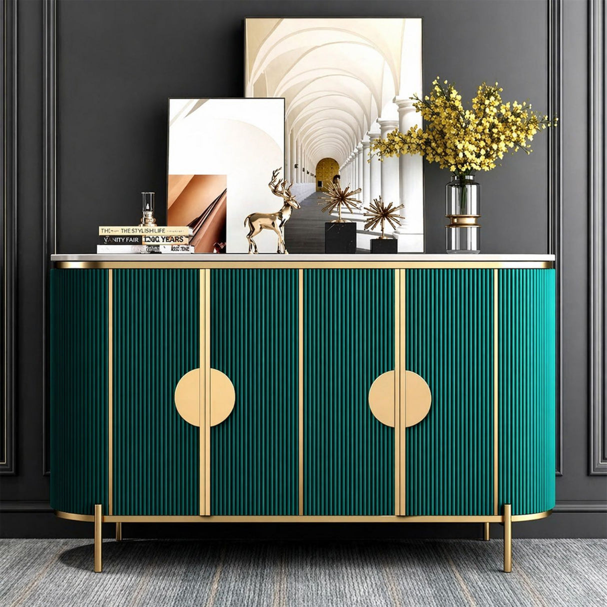 White Marble Top 4 Door Green Fluted Sideboard Gold Trimmed