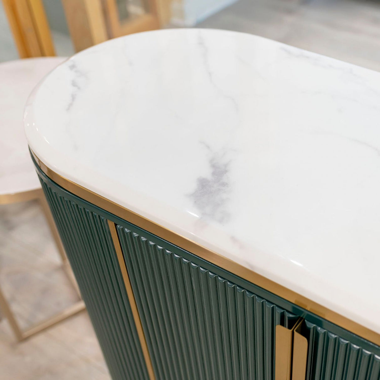 White Marble Top 4 Door Green Fluted Sideboard Gold Trimmed