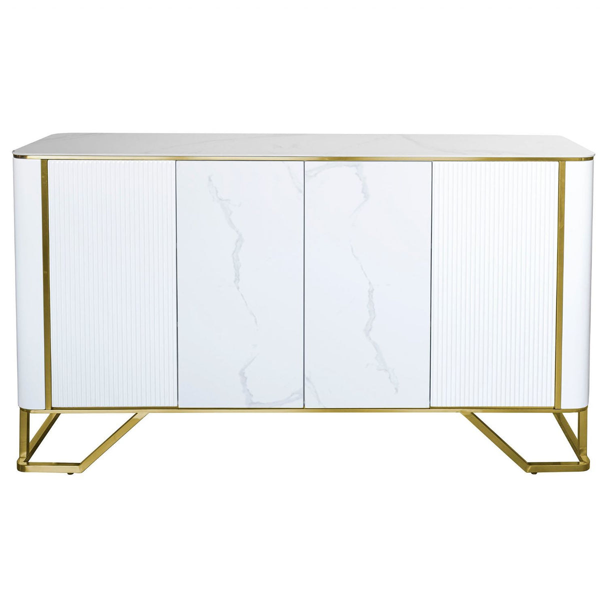 White Marble Top 4 Door Fluted Wide Sideboard Gold Trimmed