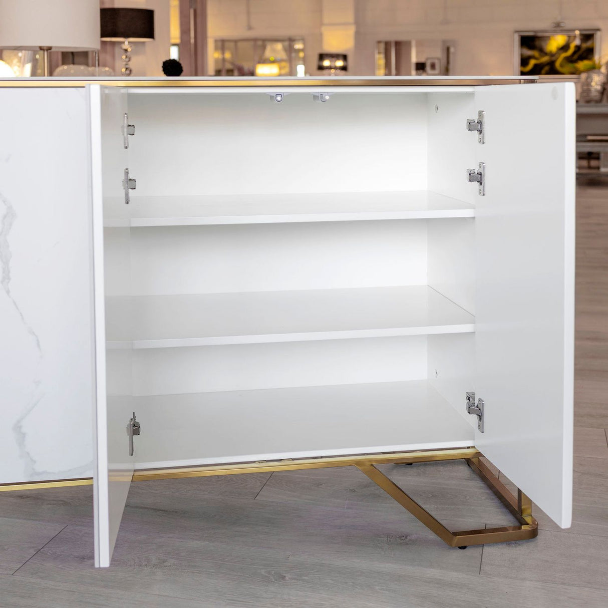 White Marble Top 4 Door Fluted Wide Sideboard Gold Trimmed