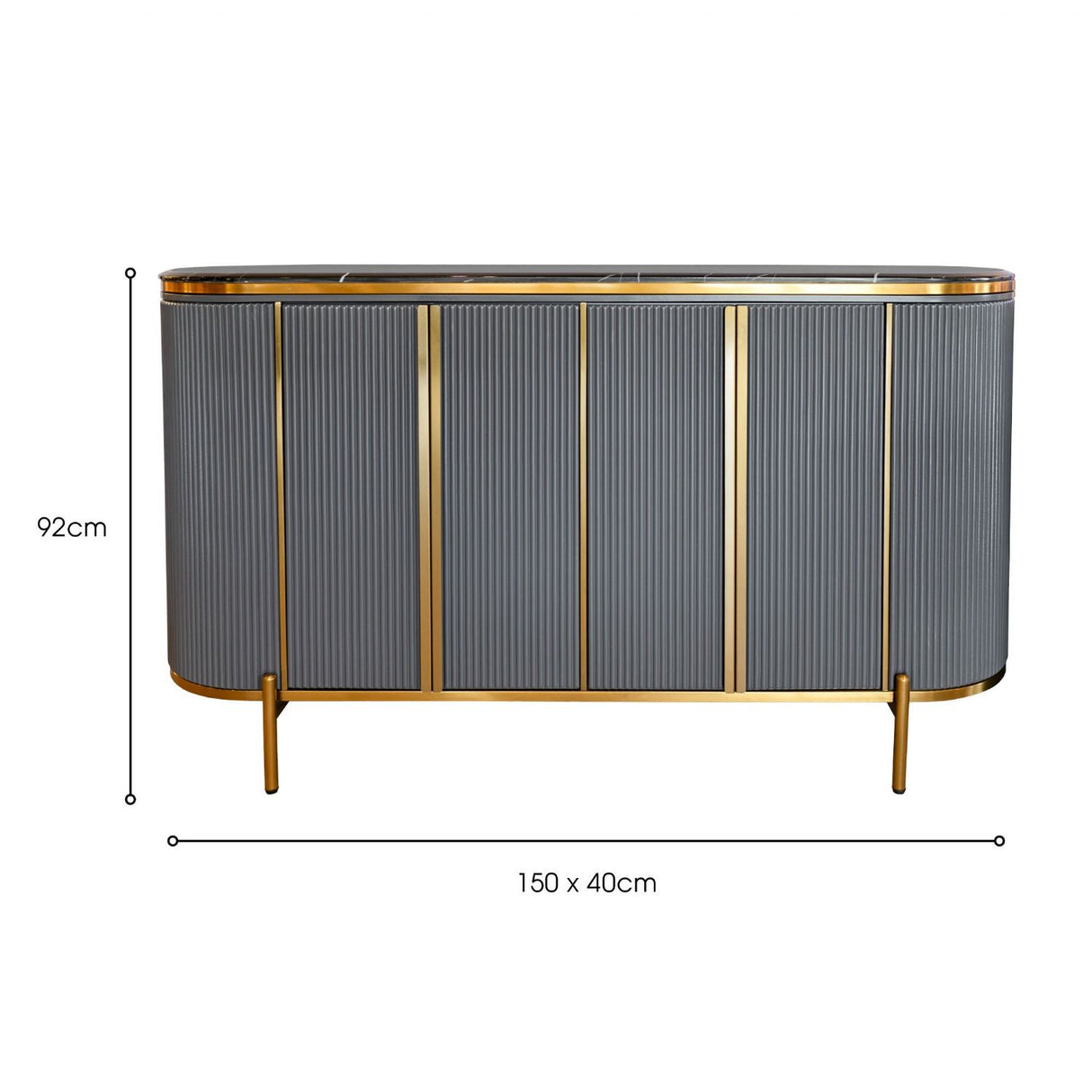 Black Marble Top 4 Door Grey Ribbed Sideboard Gold Trimmed