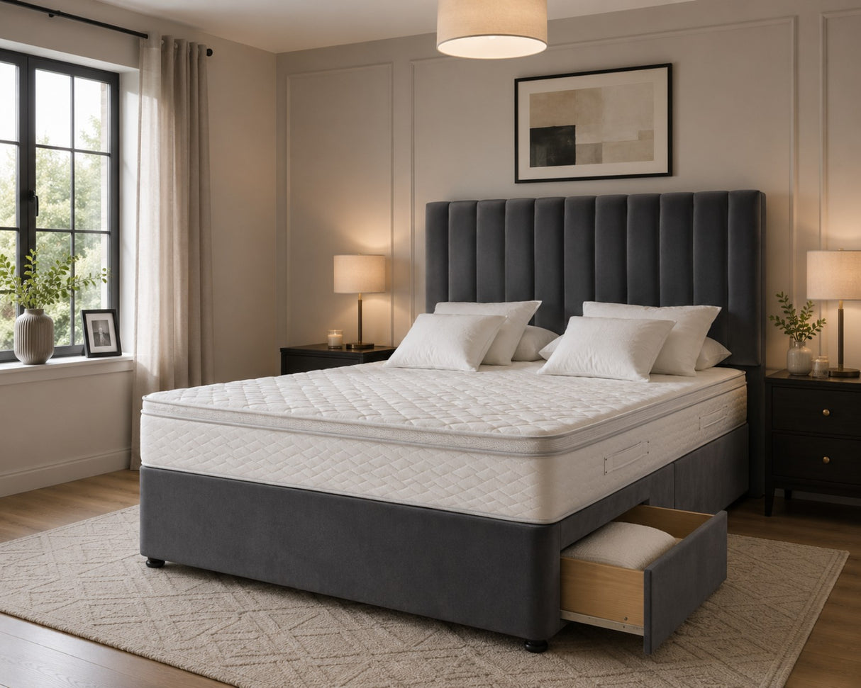 Grey Velvet Divan Bed Set with Headboard and Mattress