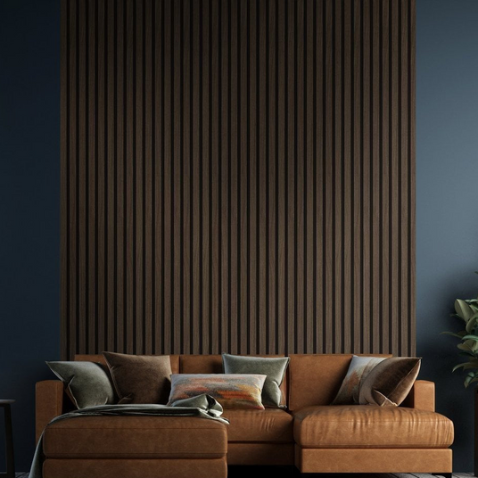 Dark walnut acoustic wall panel from AWS, 60x280cm, with sleek, slat-style design for sound absorption and modern decor.