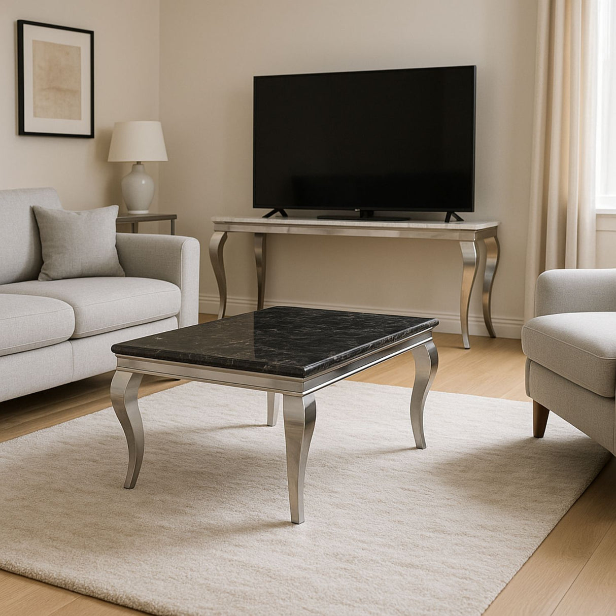 Luxury Black Marble Effect Coffee Table with Chrome Italian Style Legs