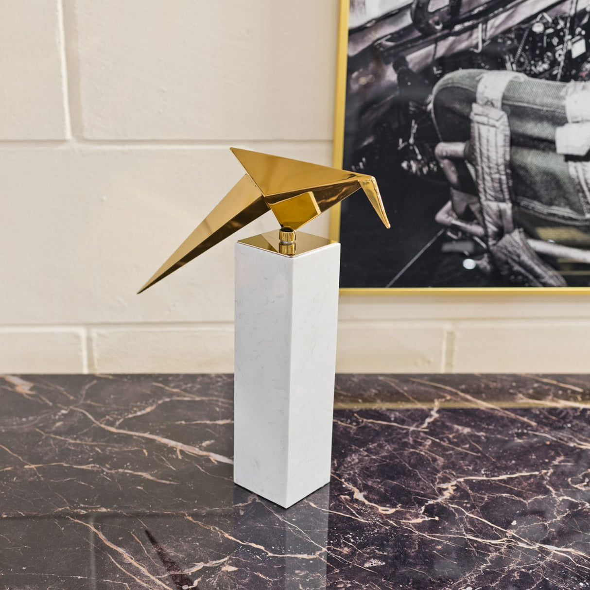 Long Tailed Tit on Tall Marble Plinth