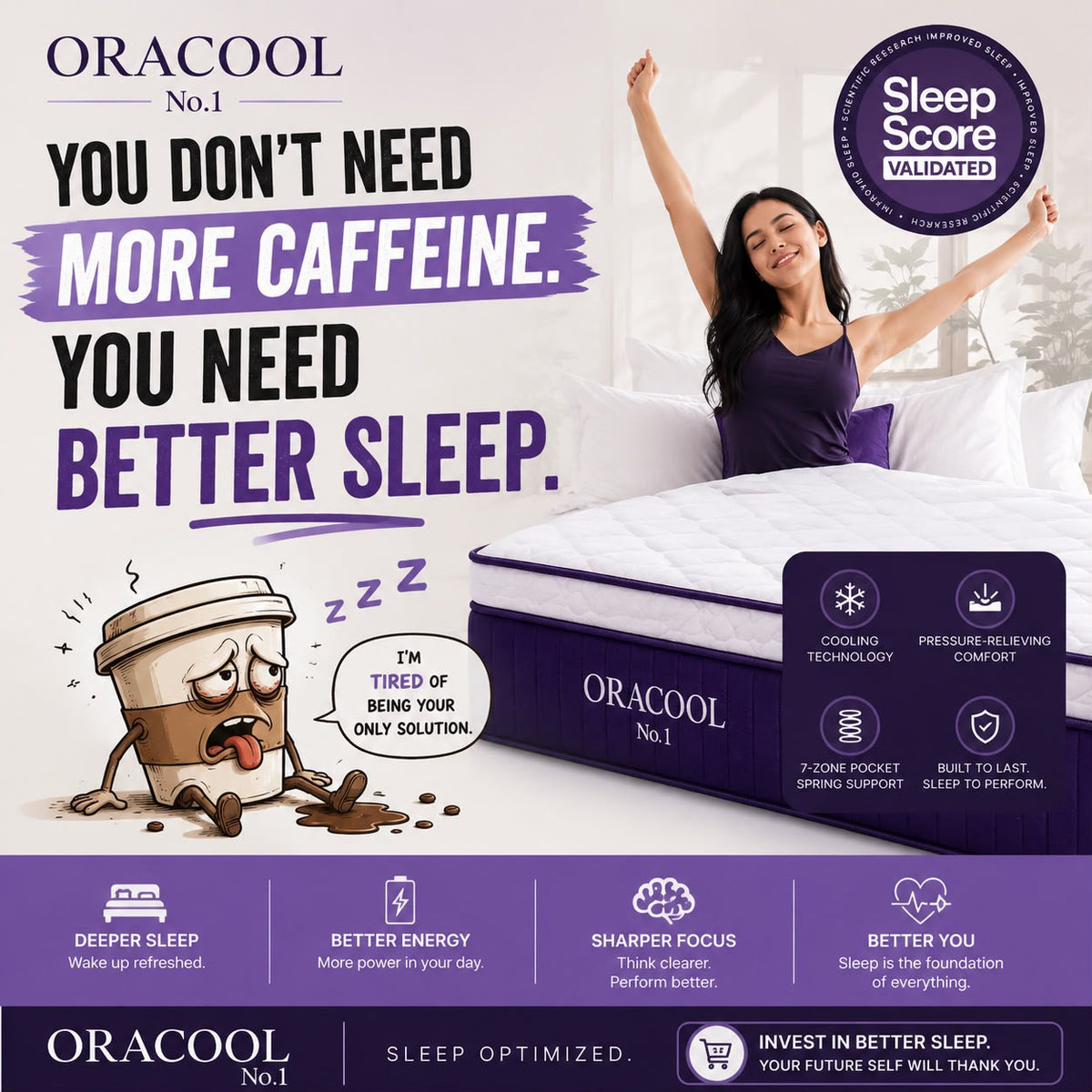 ORACOOL No.1 Hybrid Mattress in a Box - 28cm Deep 7-Zone Pocket Spring, Medium