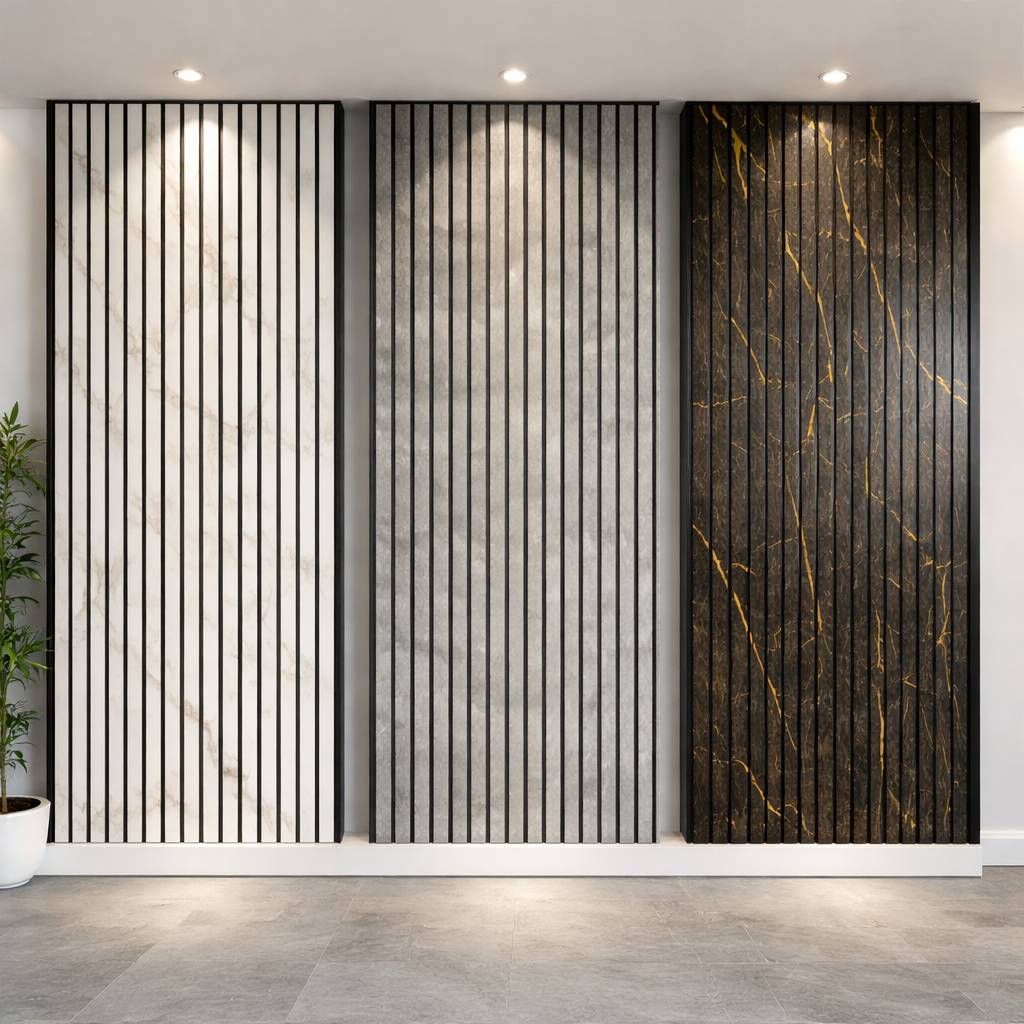 White marble-effect acoustic wall panel by AWS, 60x280cm, featuring slatted design for stylish sound absorption.