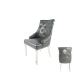 Modern Dark Grey PU Dining Chair with Lion Knocker and Chrome Legs