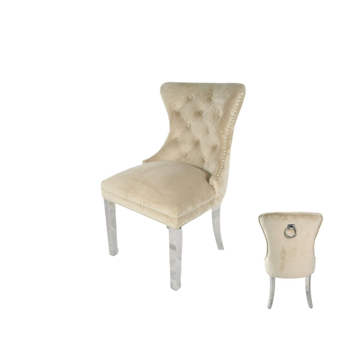 Luxury Cream Velvet Dining Chair with Ring Knocker and Chrome Legs