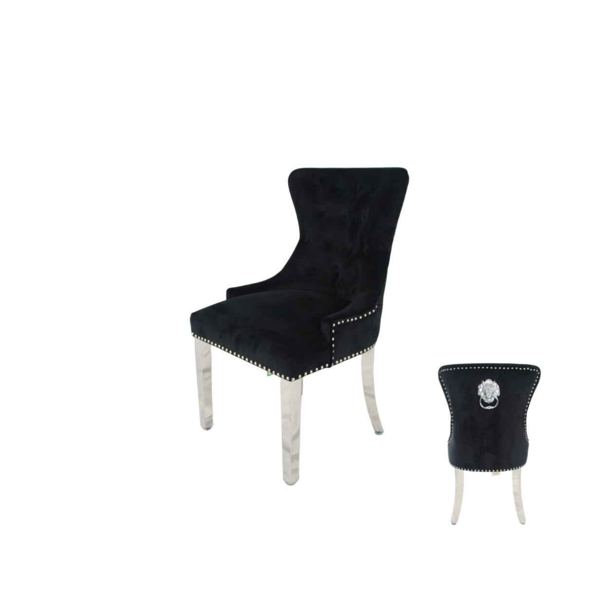 Luxury Black Velvet Dining Chair with Lion Knocker and Chrome Legs