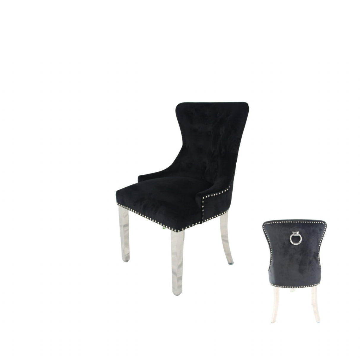 Luxury Black Velvet Dining Chair with Ring Knocker and Chrome Legs