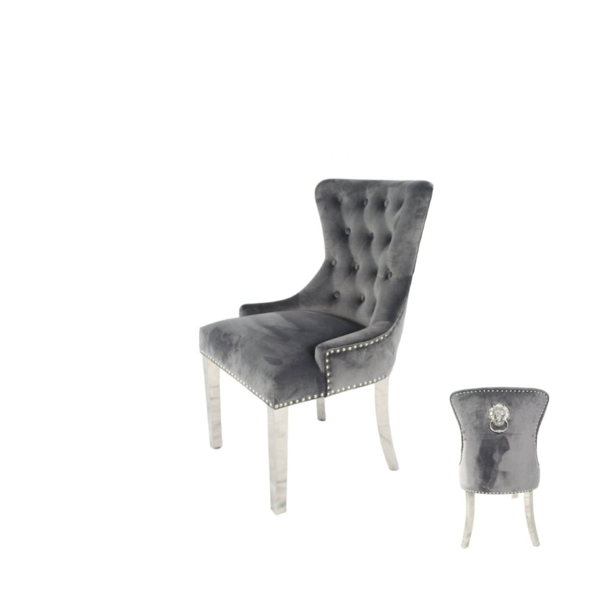 Luxury Dark Grey Velvet Dining Chair with Lion Knocker and Chrome Legs