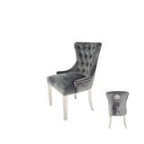 Luxury Dark Grey Velvet Dining Chair with Lion Knocker and Chrome Legs