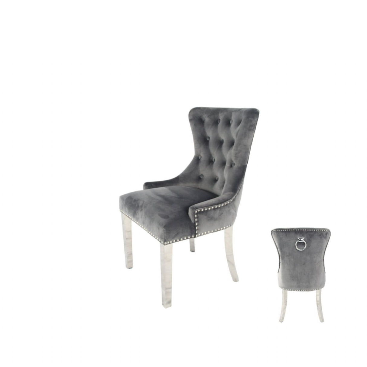 Luxury Dark Grey Velvet Dining Chair with Ring Knocker and Chrome Legs