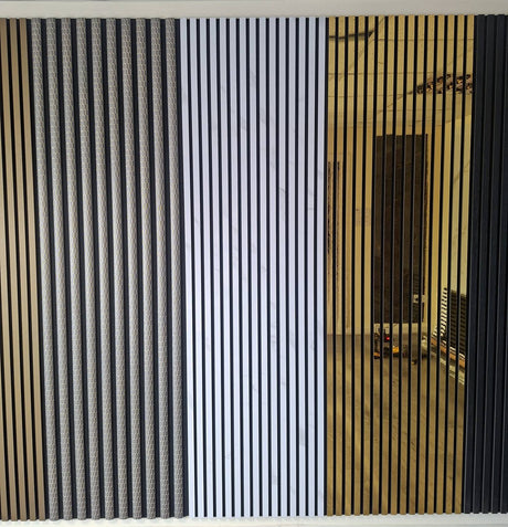 Vertical slat wall panels shown in three color options: black, white, and natural wood, installed on a partition wall in an office interior.