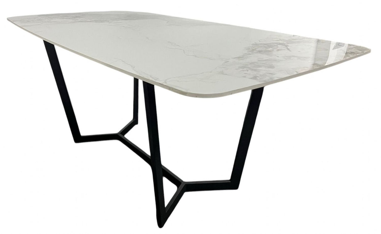 Luxury White Marble Effect Ceramic 1.8m Dining Table with Black Geometric Metal Base