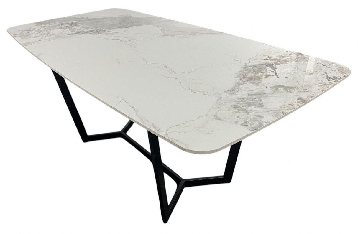Luxury White Marble Effect Ceramic 1.8m Dining Table with Black Geometric Metal Base